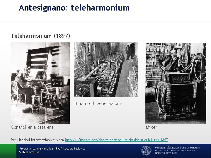 Antesignano: teleharmonium Teleharmonium (1897) Dinamo di generazione Controller a tastiera Mixer Per ulteriori informazioni,