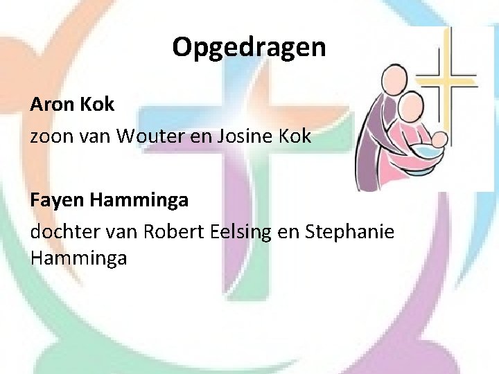 Opgedragen Aron Kok zoon van Wouter en Josine Kok Fayen Hamminga dochter van Robert