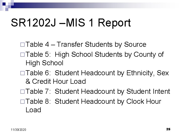 SR 1202 J –MIS 1 Report ¨ Table 4 – Transfer Students by Source