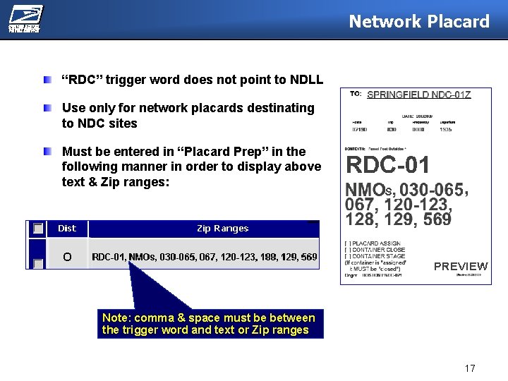 Network Placard “RDC” trigger word does not point to NDLL Use only for network