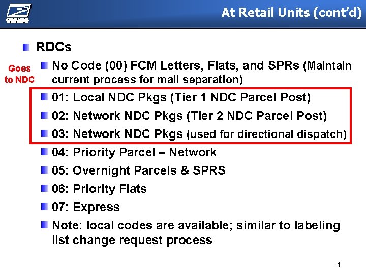 At Retail Units (cont’d) RDCs Goes to NDC No Code (00) FCM Letters, Flats,