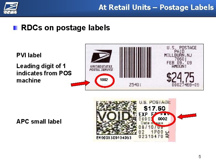 At Retail Units – Postage Labels RDCs on postage labels PVI label Leading digit