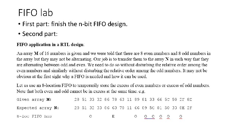 FIFO lab • First part: finish the n-bit FIFO design. • Second part:  FIFO lab • First part: finish the n-bit FIFO design. • Second part: