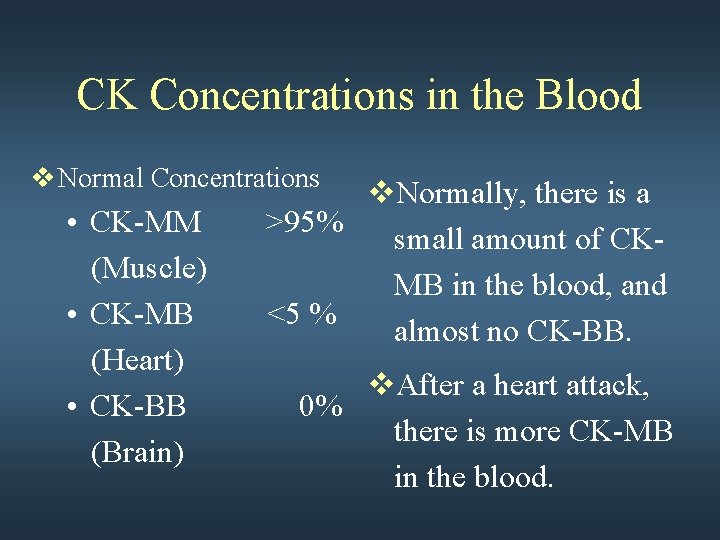 CK Concentrations in the Blood v Normal Concentrations • CK-MM (Muscle) • CK-MB (Heart)