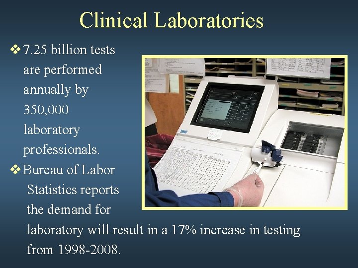 Clinical Laboratories v 7. 25 billion tests are performed annually by 350, 000 laboratory