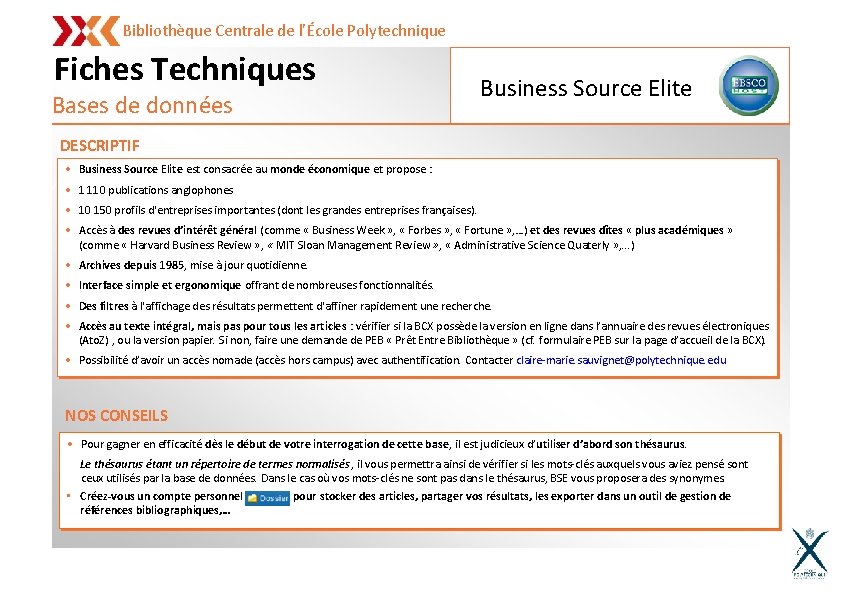 Bibliothèque Centrale de l’École Polytechnique Fiches Techniques Bases de données Business Source Elite DESCRIPTIF