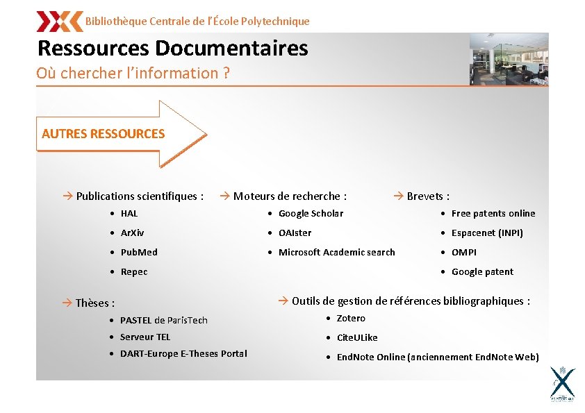 Bibliothèque Centrale de l’École Polytechnique Ressources Documentaires Où cher l’information ? AUTRES RESSOURCES à