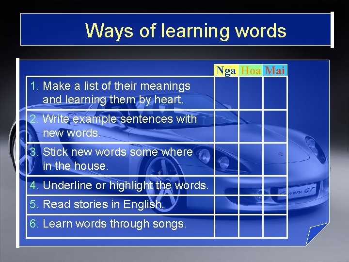 Ways of learning words Nga Hoa Mai 1. Make a list of their meanings