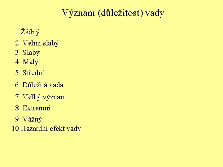 Význam (důležitost) vady 1 Žádný 2 Velmi slabý 3 Slabý 4 Malý 5 Střední