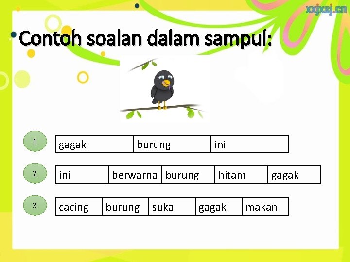 Contoh soalan dalam sampul: 1 gagak 2 ini 3 cacing burung ini berwarna burung Contoh soalan dalam sampul: 1 gagak 2 ini 3 cacing burung ini berwarna burung