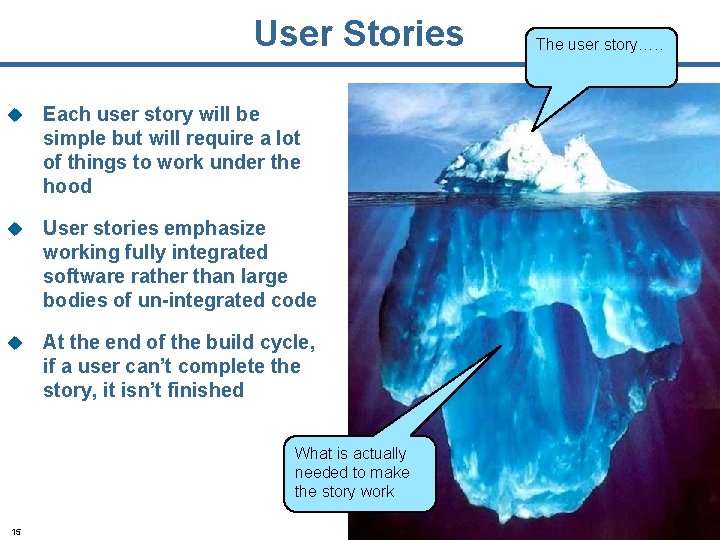 User Stories u Each user story will be simple but will require a lot