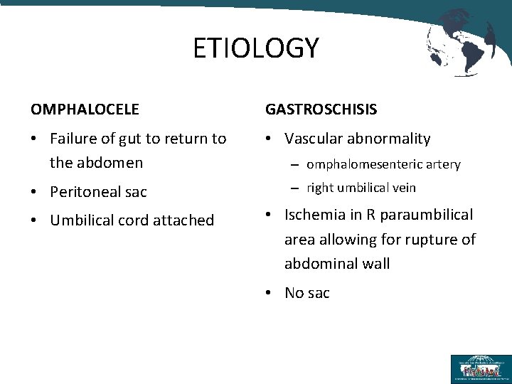 ETIOLOGY OMPHALOCELE GASTROSCHISIS • Failure of gut to return to the abdomen • Vascular