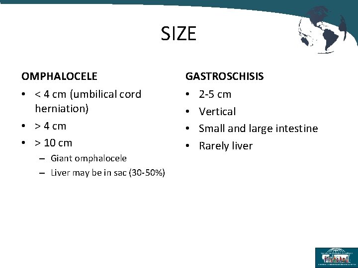 SIZE OMPHALOCELE • < 4 cm (umbilical cord herniation) • > 4 cm •