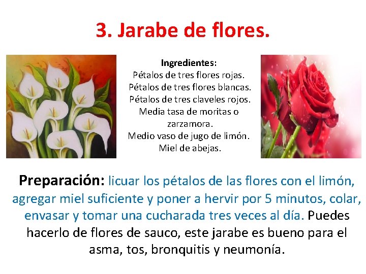 3. Jarabe de flores. Ingredientes: Pétalos de tres flores rojas. Pétalos de tres flores