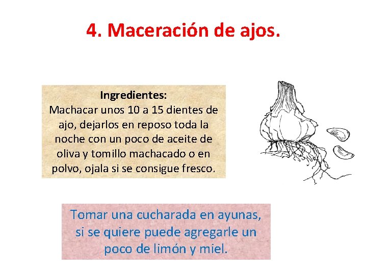 4. Maceración de ajos. Ingredientes: Machacar unos 10 a 15 dientes de ajo, dejarlos