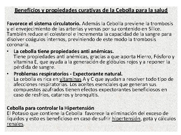 Beneficios y propiedades curativas de la Cebolla para la salud Favorece el sistema circulatorio.