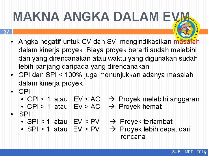 MAKNA ANGKA DALAM EVM 27 • Angka negatif untuk CV dan SV mengindikasikan masalah