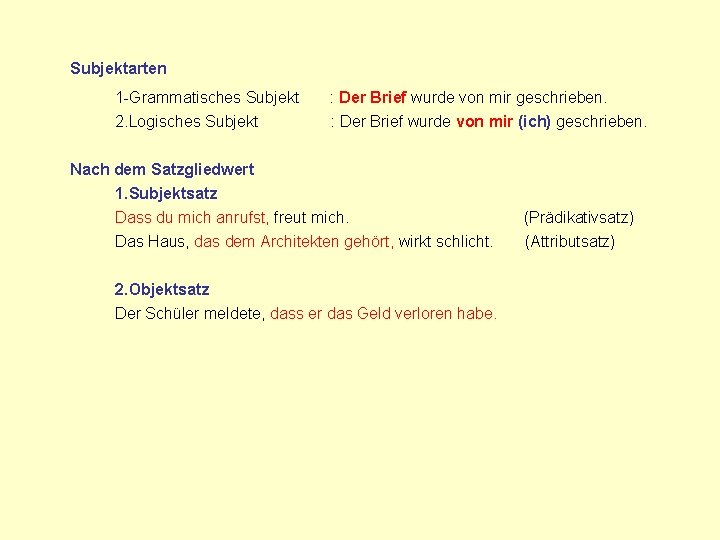 Subjektarten 1 -Grammatisches Subjekt : Der Brief wurde von mir geschrieben. 2. Logisches Subjekt