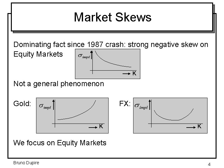Market Skews Dominating fact since 1987 crash: strong negative skew on Equity Markets K
