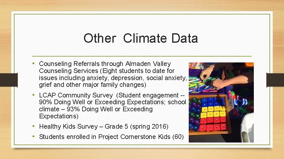 Other Climate Data • Counseling Referrals through Almaden Valley Counseling Services (Eight students to