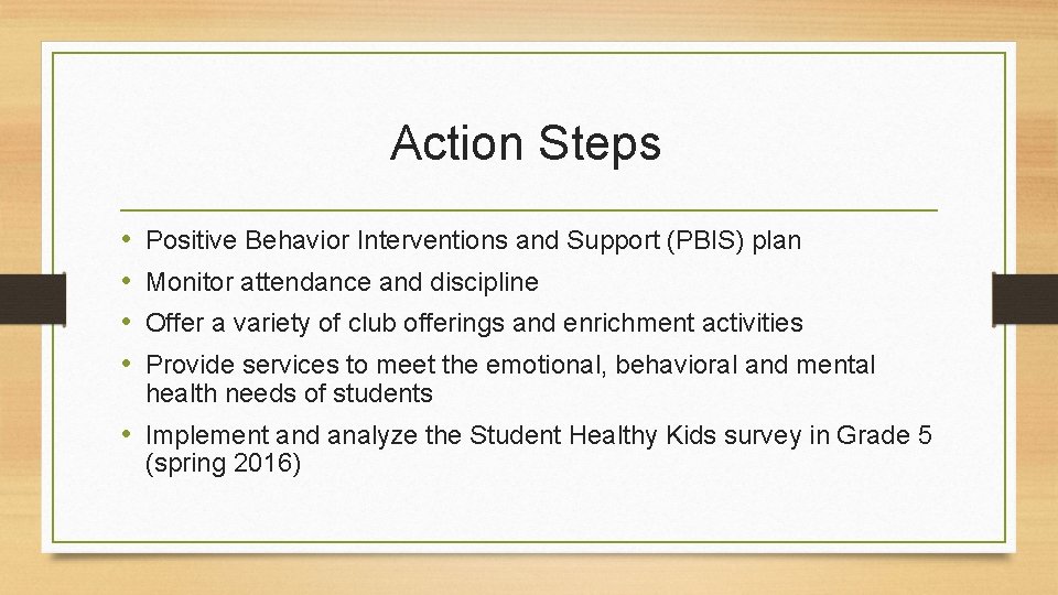 Action Steps • • Positive Behavior Interventions and Support (PBIS) plan Monitor attendance and