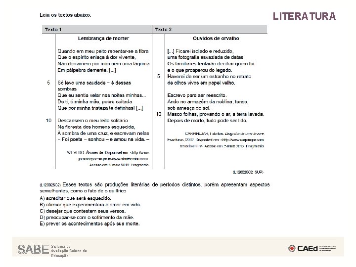 LITERATURA Sistema de Avaliação Baiano da Educação 