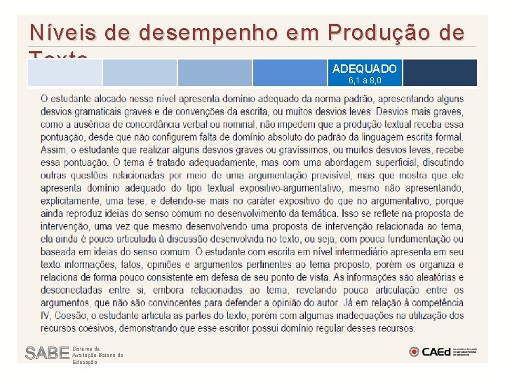 Níveis de desempenho em Produção de Texto ADEQUADO 6, 1 a 8, 0 Sistema