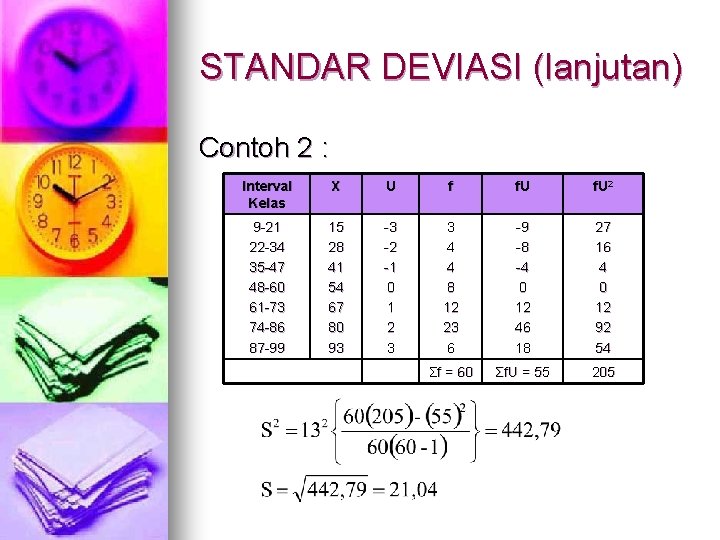 STANDAR DEVIASI (lanjutan) Contoh 2 : Interval Kelas X U f f. U 2