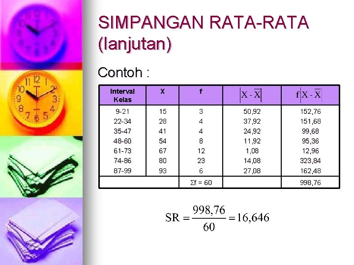 SIMPANGAN RATA-RATA (lanjutan) Contoh : Interval Kelas X f 9 -21 22 -34 35