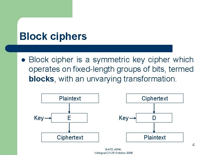 Block ciphers l Block cipher is a symmetric key cipher which operates on fixed-length
