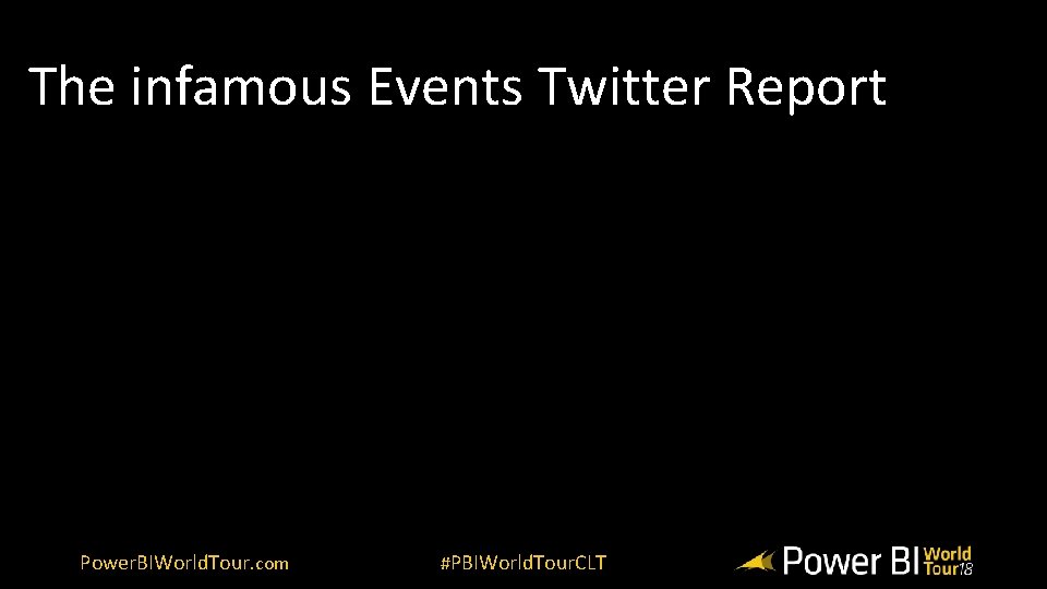 The infamous Events Twitter Report Power. BIWorld. Tour. com #PBIWorld. Tour. CLT 