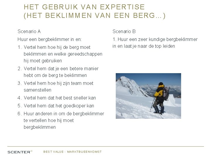 HET GEBRUIK VAN EXPERTISE (HET BEKLIMMEN VAN EEN BERG…) Scenario A Scenario B Huur