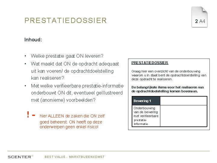 PRESTATIEDOSSIER 2 A 4 Inhoud: • Welke prestatie gaat ON leveren? • Wat maakt