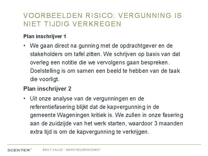 VOORBEELDEN RISICO: VERGUNNING IS NIET TIJDIG VERKREGEN Plan inschrijver 1 • We gaan direct