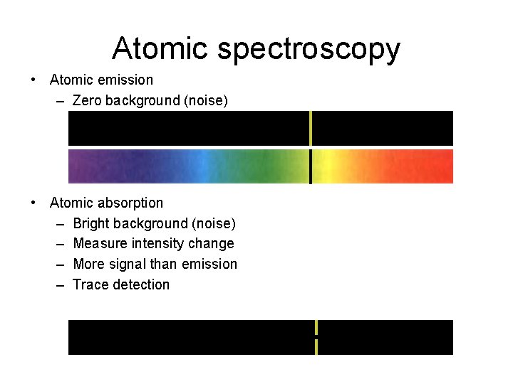 Atomic spectroscopy • Atomic emission – Zero background (noise) • Atomic absorption – Bright