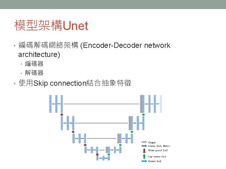 模型架構Unet • 編碼解碼網絡架構 (Encoder-Decoder network architecture) • 編碼器 • 解碼器 • 使用Skip connection結合抽象特徵 模型架構Unet • 編碼解碼網絡架構 (Encoder-Decoder network architecture) • 編碼器 • 解碼器 • 使用Skip connection結合抽象特徵