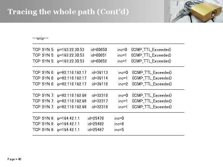 Tracing the whole path (Cont’d) …snip… -----------------------------------TCP SYN 5: ip=193. 22. 30. 53 id=60650