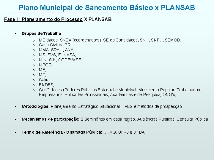Plano Municipal de Saneamento Básico x PLANSAB Fase 1: Planejamento do Processo X PLANSAB