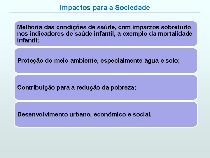 Impactos para a Sociedade Melhoria das condições de saúde, com impactos sobretudo nos indicadores