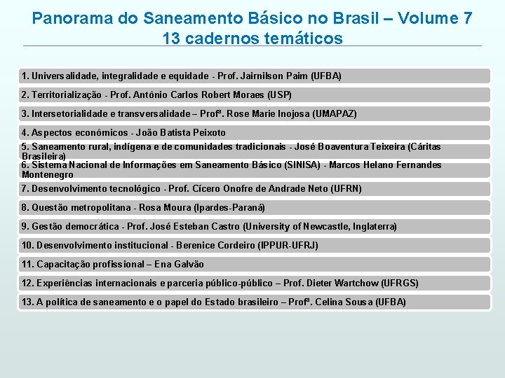 Panorama do Saneamento Básico no Brasil – Volume 7 13 cadernos temáticos 1. Universalidade,