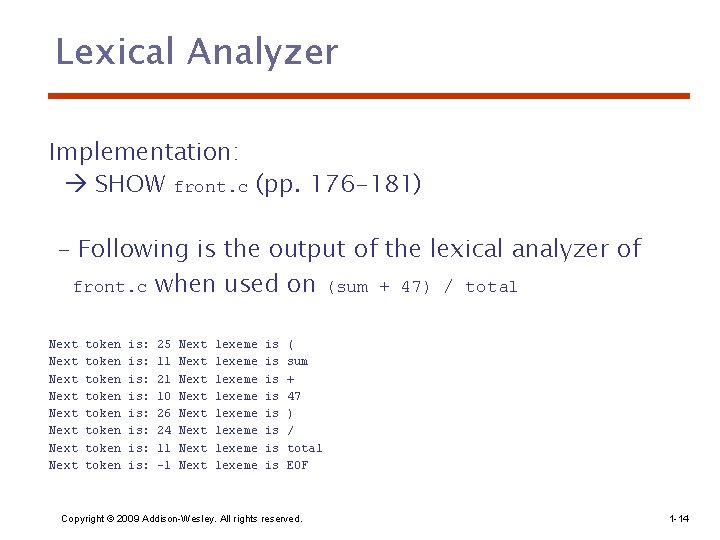Lexical Analyzer Implementation: SHOW front. c (pp. 176 -181) - Following is the output