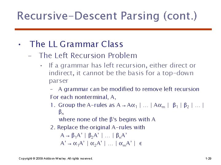 Recursive-Descent Parsing (cont. ) • The LL Grammar Class – The Left Recursion Problem