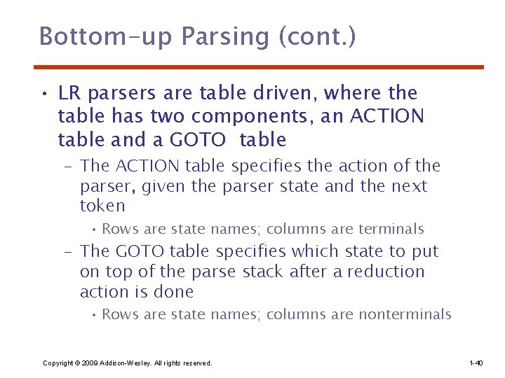 Bottom-up Parsing (cont. ) • LR parsers are table driven, where the table has