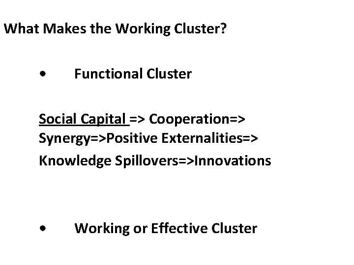 What Makes the Working Cluster? • Functional Cluster Social Capital => Cooperation=> Synergy=>Positive Externalities=>