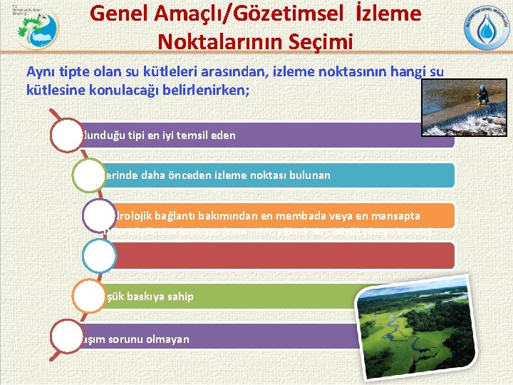 Genel Amaçlı/Gözetimsel İzleme Noktalarının Seçimi Aynı tipte olan su kütleleri arasından, izleme noktasının hangi