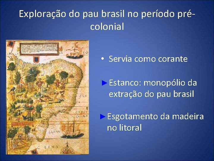 Exploração do pau brasil no período précolonial • Servia como corante ► Estanco: monopólio