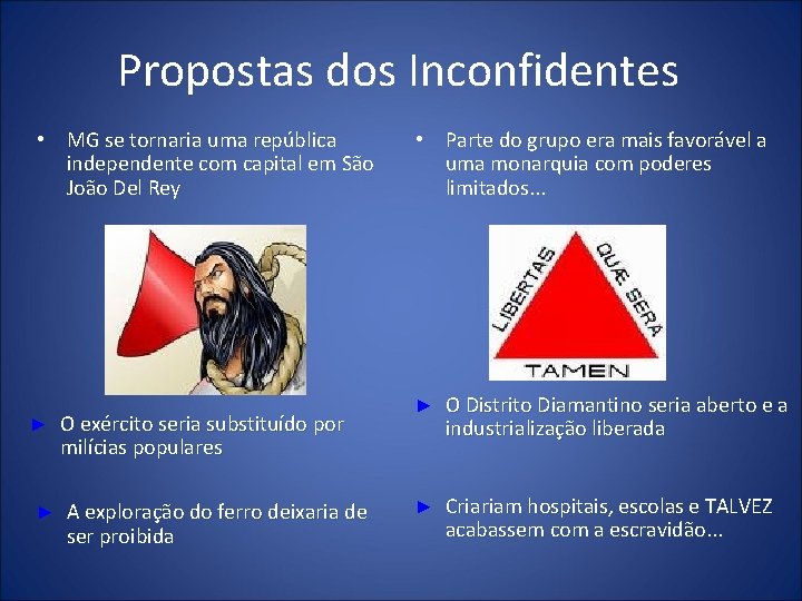 Propostas dos Inconfidentes • MG se tornaria uma república independente com capital em São