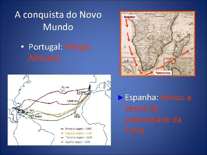 A conquista do Novo Mundo • Portugal: Périplo Africano ► Espanha: testou a teoria