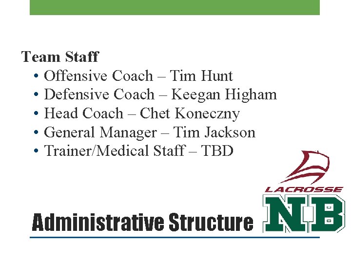 Team Staff • Offensive Coach – Tim Hunt • Defensive Coach – Keegan Higham