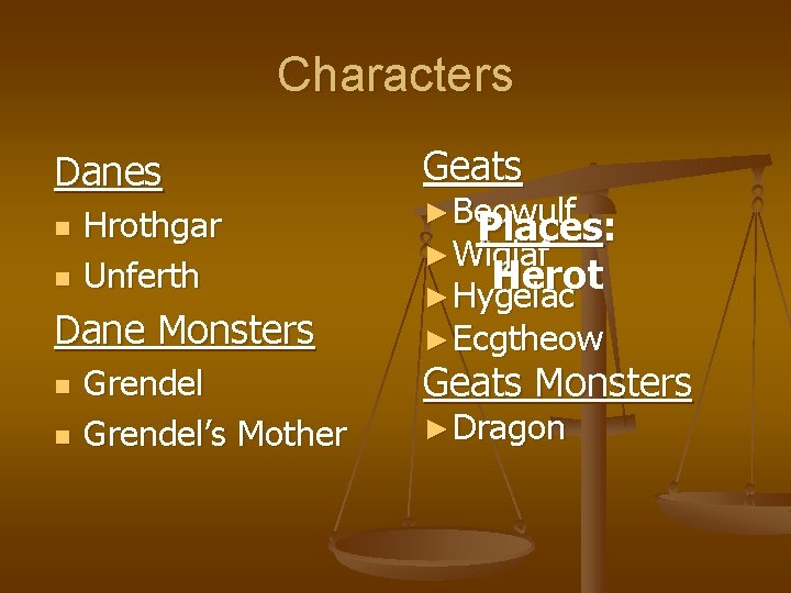 Characters Danes n n Hrothgar Unferth Dane Monsters n n Grendel’s Mother Geats ►